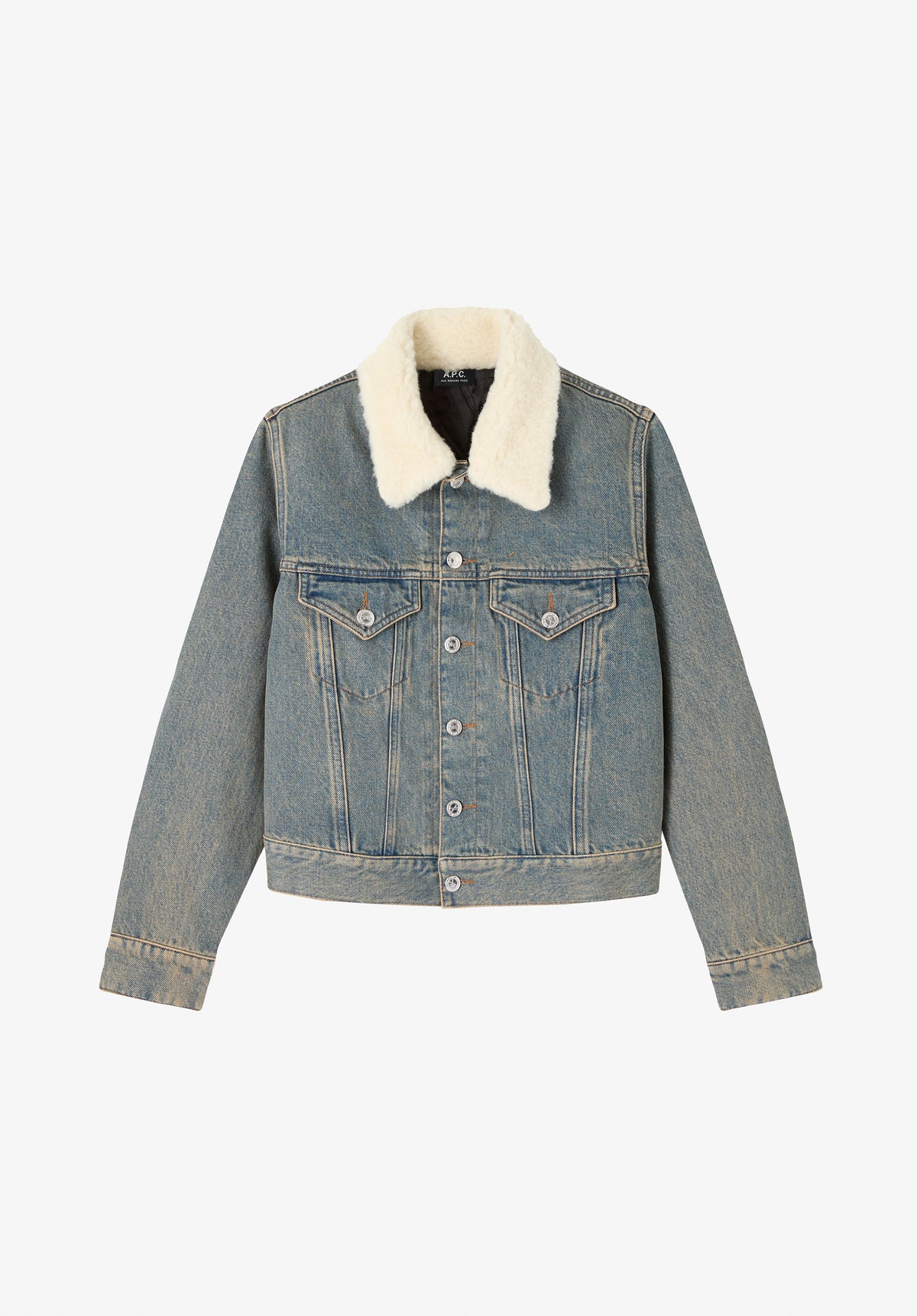 Jacke aus verwaschenem Indigo-Denim mit Kunstpelzkragen