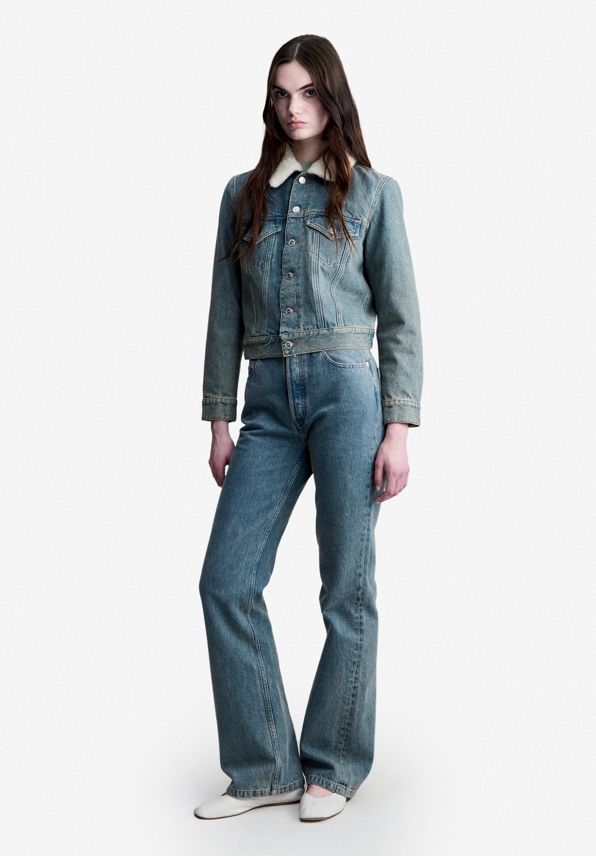 Faded indigo denim jacket with faux shearling collar - 1