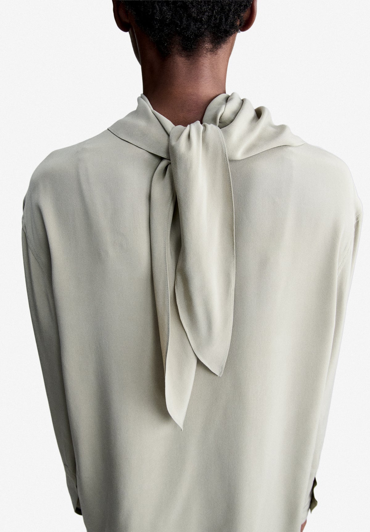 Almond green silk tie-neck blouse - 5