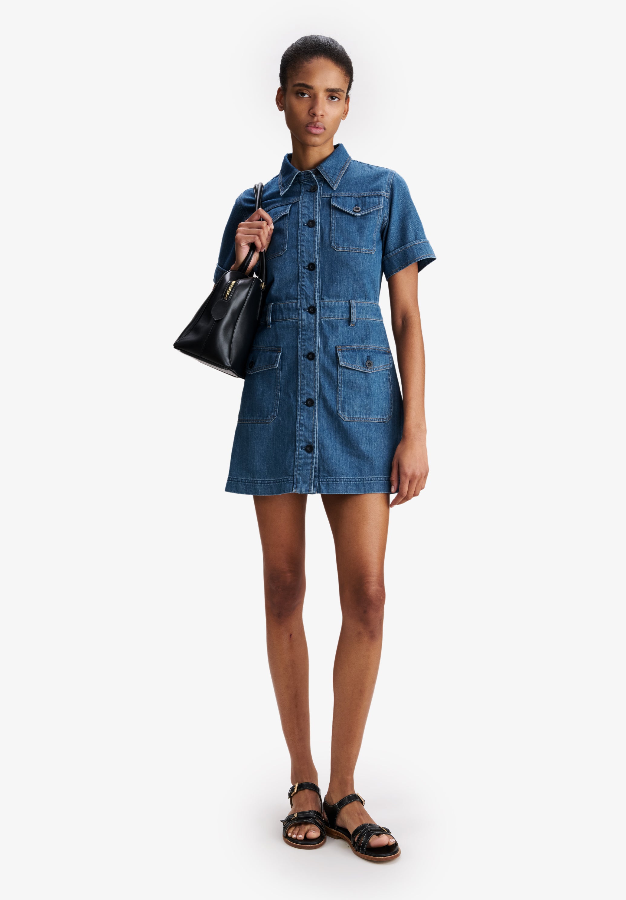 Faded denim dress with pockets - 1