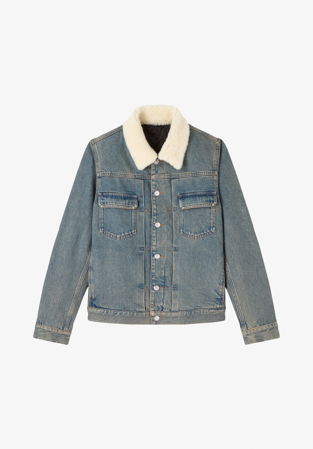 Jacke aus verwaschenem Indigo-Denim mit Kunstpelzkragen