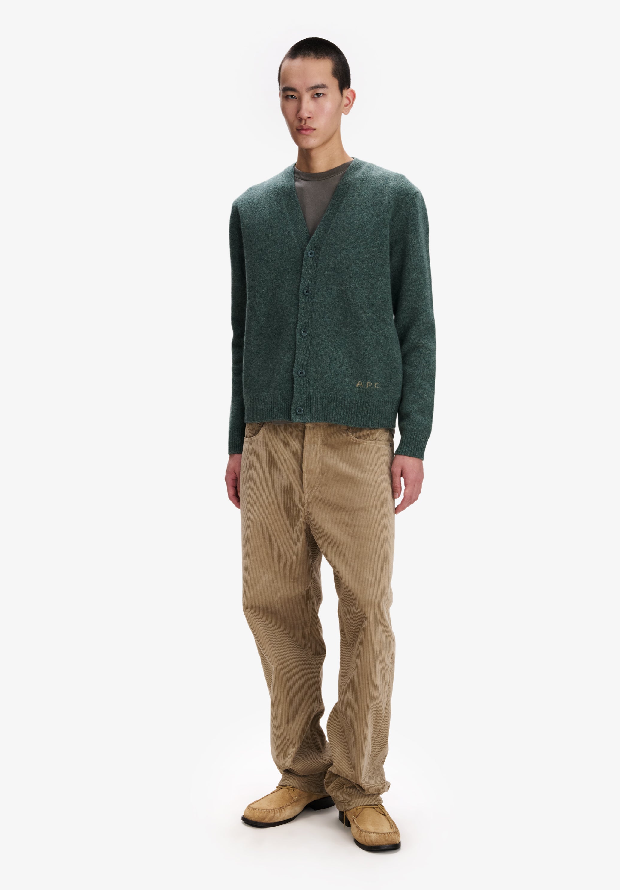 Loose heather green wool cardigan - 1