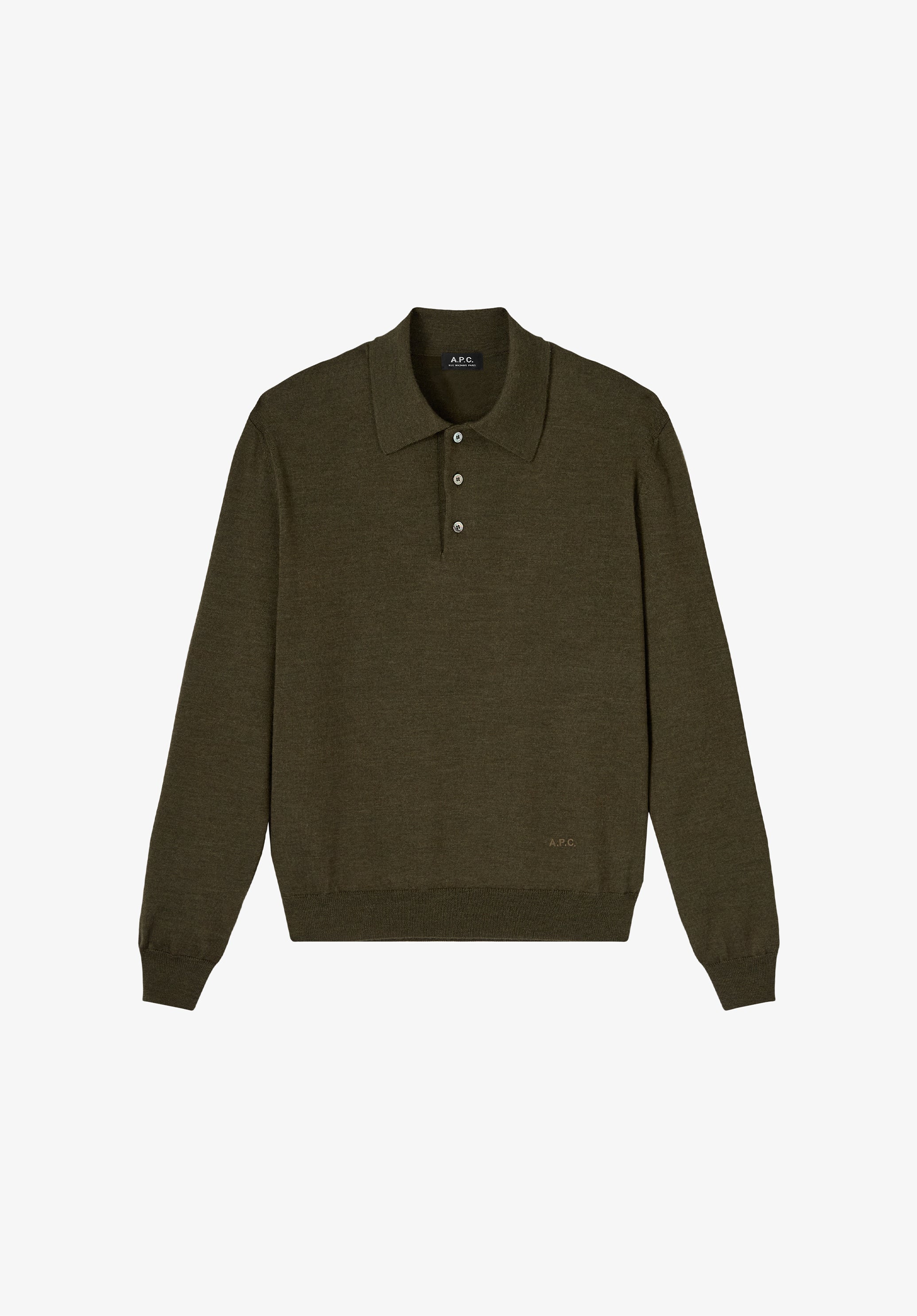 Langärmeliges dunkelgrünes Woll-Poloshirt