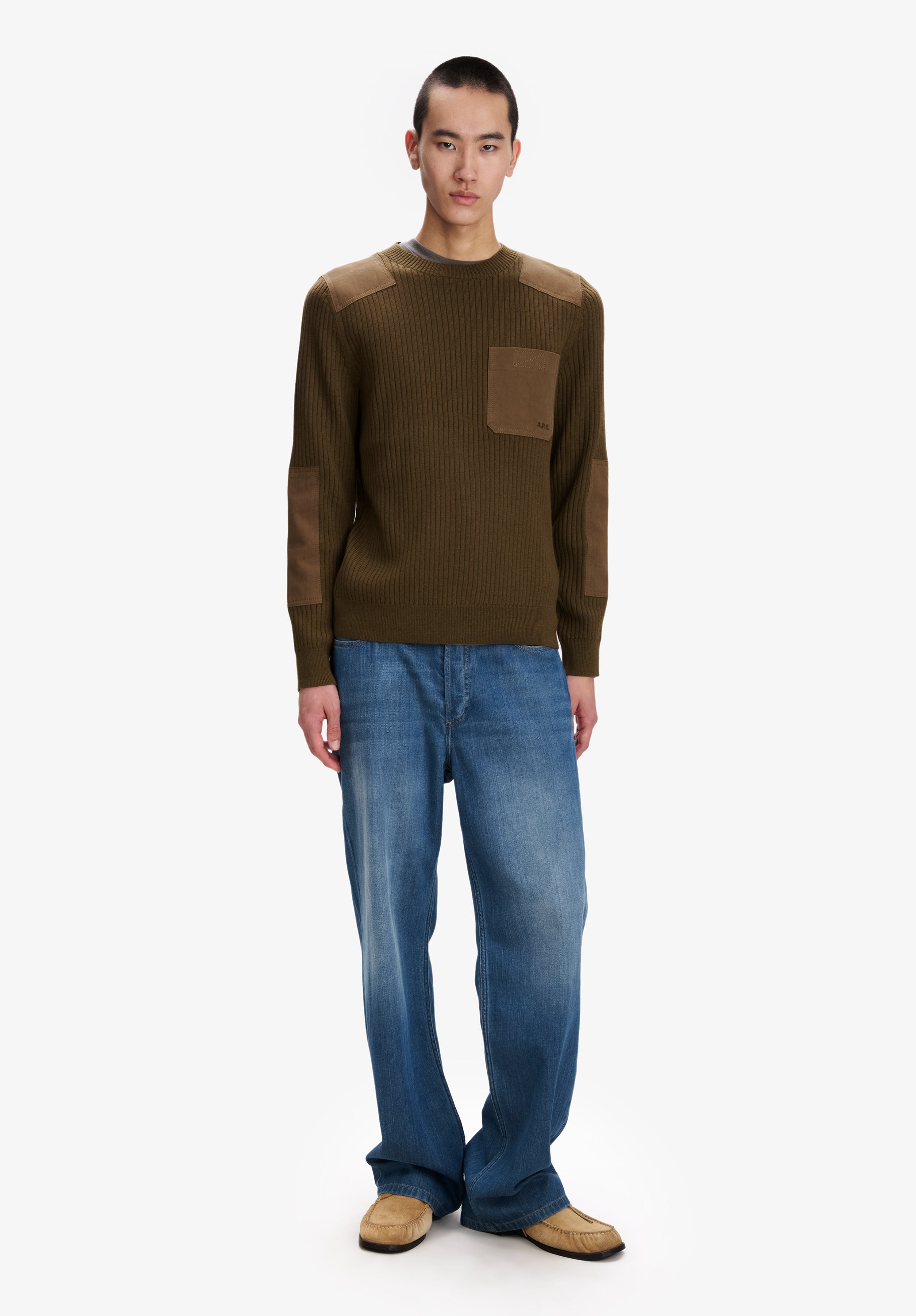 Olive green merino wool military sweater - 1